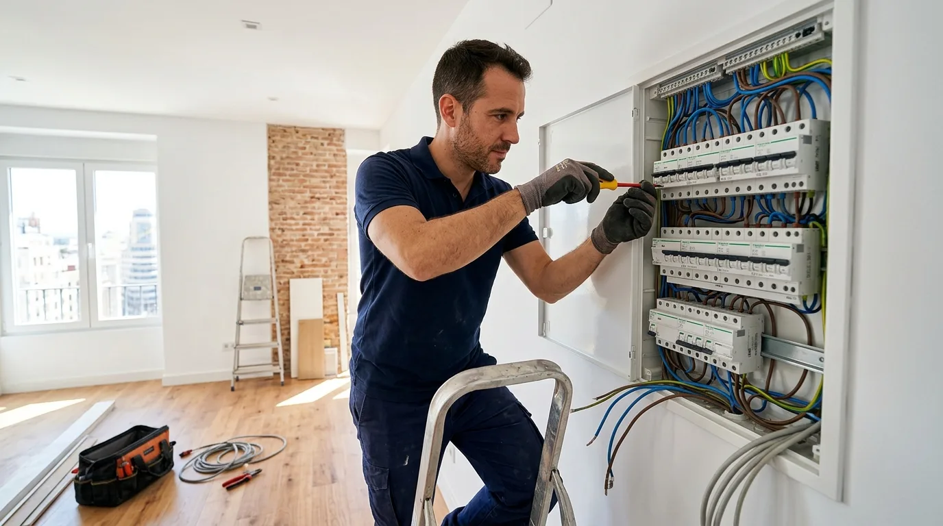 Electricista autorizado trabajando en un cuadro eléctrico en Madrid